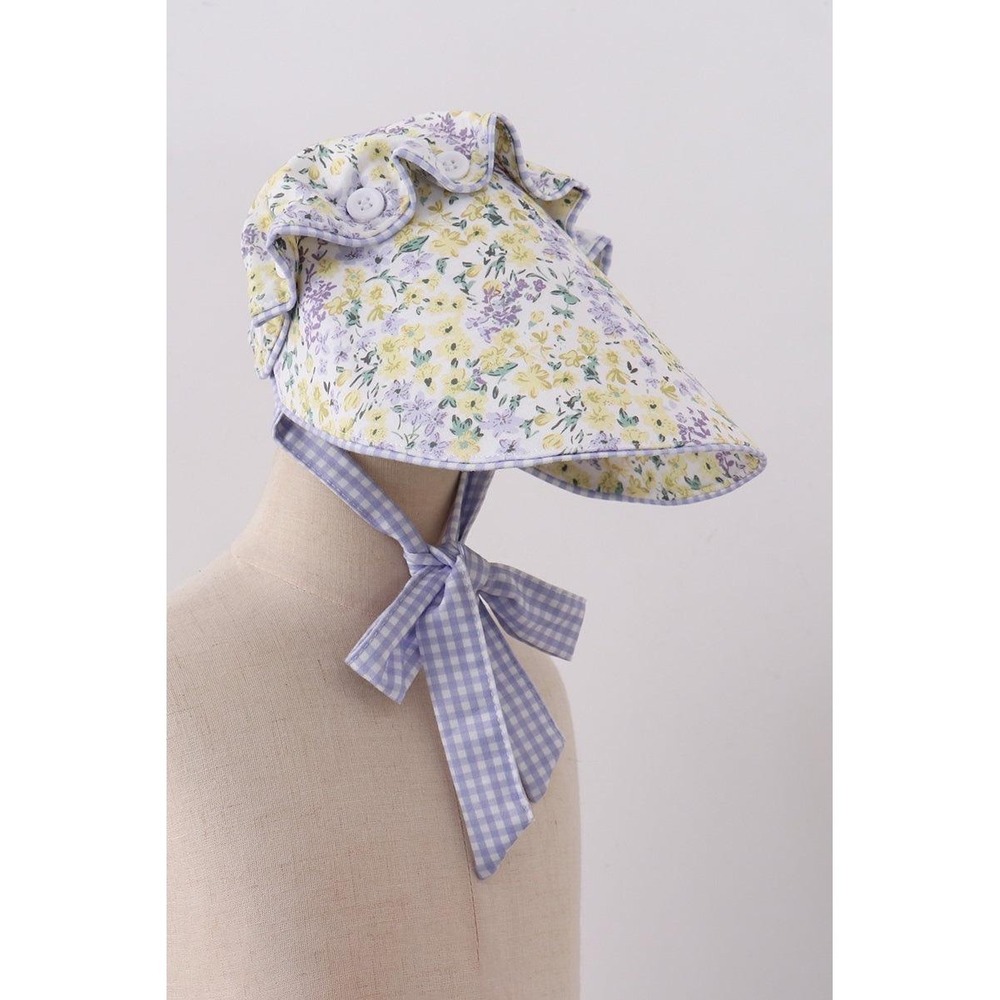 Golden Meadow Floral Ruffle Bow Bonnet Sun Infant Medium Wide Brim Blue Yellow